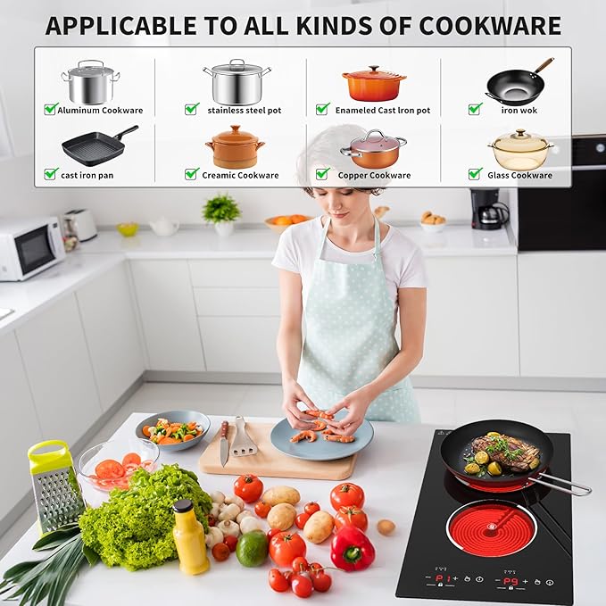 VBGK Electric Cooktop,12 Inch Built-in Radiant Electric Stove Top,110V 2100W 2 burner cooktop With 9 Heating Level, Timer & Kid Safety Lock, Sensor Touch Control 2 burner Induction Cooktop