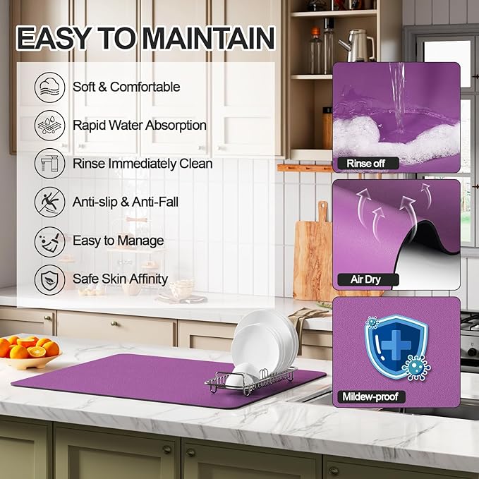 Ecotrim - Dish Drying Mat for Kitchen Counter | Coffee Bar Mat for Countertops | Heat Resistant Drainer Mat with Non-slip Rubber Backed | Hide Stain Kitchen Absorbent Draining Mat | Purple 18"x24"