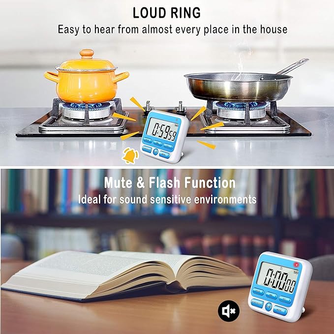 KTKUDY Digital Kitchen Timer with Mute/Loud Alarm Switch ON/Off Switch, 12-Hour Clock & Alarm, Memory Function Count Up & Count Down for Kids Teachers Cooking, Large LCD Display, Strong Magnet (Blue)