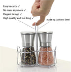 Premium Stainless Steel Salt and Pepper Grinder Set - Short Glass Shaker, Pepper Mill & Salt Mill with Adjustable Coarseness, Refillable for Himalayan or Sea Salt, Black Peppercorn, with Bonus Stand