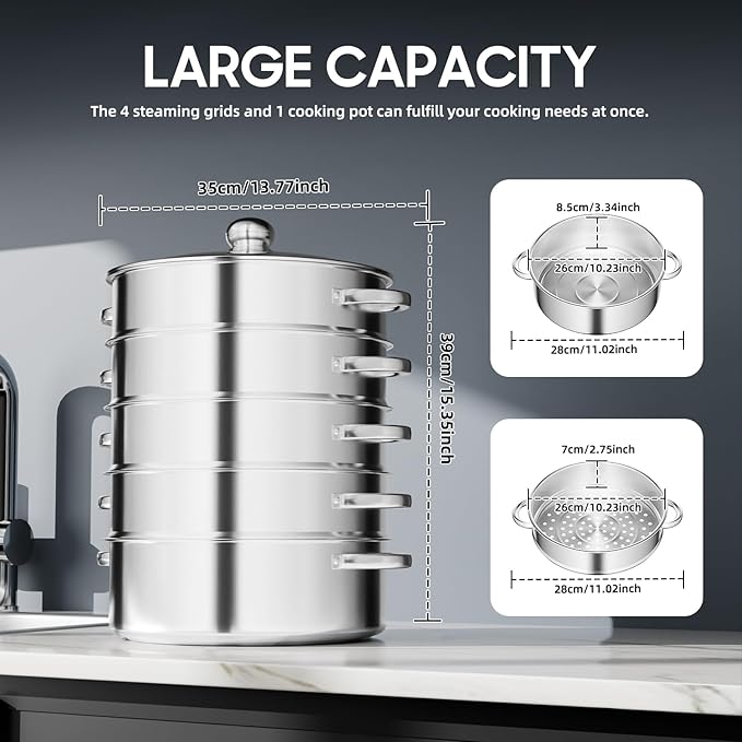 5-Tier Stainless Steel Steamer, 13.77 * 15.35inch Food Steaming Pot Meat Vegetable Cooking Steam Pot Multipurpose Steam Cookware Large Capacity Kitchen Tool with Lid for Steaming Pasta Dumplings