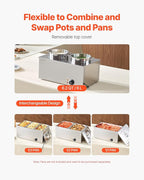 VEVOR Electric Soup Warmer, Two 6.34QT Stainless Steel Round Pot with 86~185°F Adjustable Temp, 1200W Commercial Bain Marie Compatible with Pans, Soup Station for Restaurant, Buffet