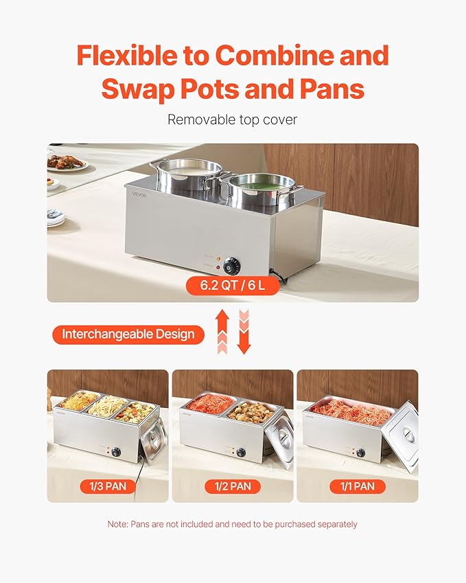 VEVOR Electric Soup Warmer, Two 6.34QT Stainless Steel Round Pot with 86~185°F Adjustable Temp, 1200W Commercial Bain Marie Compatible with Pans, Soup Station for Restaurant, Buffet