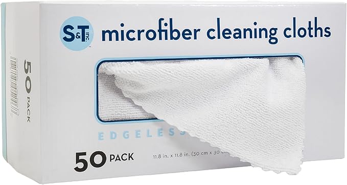 S&T INC. 50 Pack Microfiber Cleaning Cloth with Box, Bulk Towels for Home, Reusable Microfiber Towels for Cars, Cleaning Rags, White, 11.8 Inches x 11.8 Inches, 50 Count