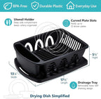 Tribello Sink Dish Drying Rack, Heavy Duty Hard Plastic Drying Rack, Dish Drainer for Kitchen Counter with Drainboard Set, with Silverware Holder - 18 x 13 x 6 (Black) - Made in USA