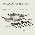 bella 12 Piece Cookware Set with EverGood™ Ceramic Nonstick Coating, Dishwasher & Oven Safe, All Stovetops Compatible, Tempered Glass Lids and Cool Touch Handles, Oatmilk