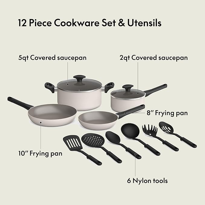 bella 12 Piece Cookware Set with EverGood™ Ceramic Nonstick Coating, Dishwasher & Oven Safe, All Stovetops Compatible, Tempered Glass Lids and Cool Touch Handles, Oatmilk