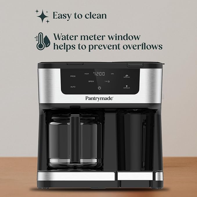 Pantrymade Dual Brew Coffee Maker | 12 Cup Glass Carafe & Single Serve K-Cup Combo | Programmable Touchscreen Coffee Machine for Ground Coffee or Pods | Auto Shut-Off, Black