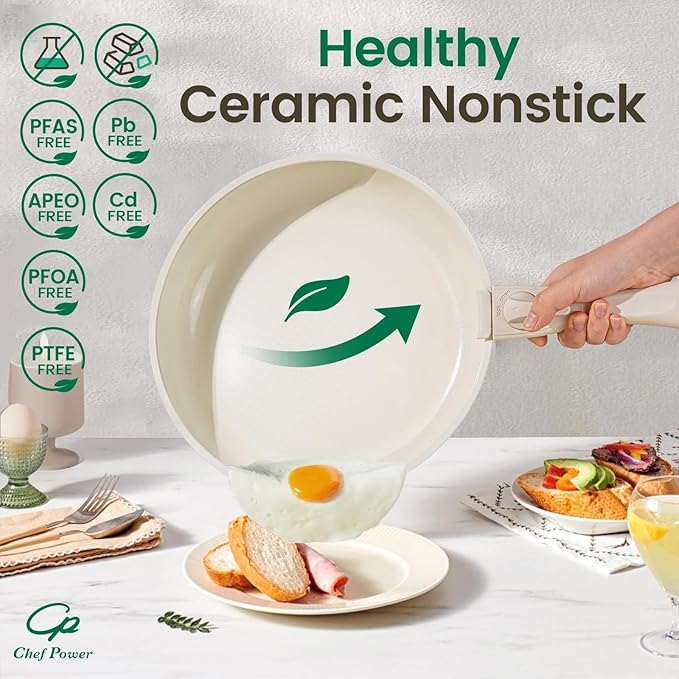 Chef Power Ceramic Cookware Set Non Toxic with Detachable Handles, Healthy Nonstick Pans and Pots Set 19 Pcs, Induction Dishwasher Oven Safe Kitchen Set, PFAS PFOA & PTFE Free, Cream White