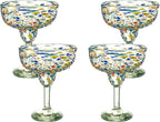 Confetti Dots Hand Blown Margarita Glasses - 100% Recycled Mexican Glassware - Artisan Crafted Drinking Glasses for Margaritas, Frozen Cocktails or Tequila - Set of 4 (14 oz)
