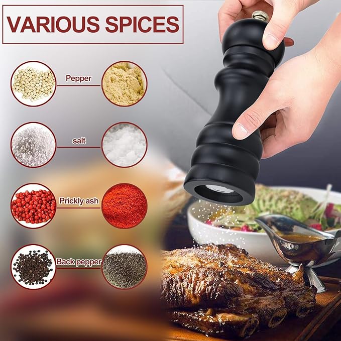Salt and Pepper Grinder Set of 2, Manual Salt Mill & Pepper Mills with Adjustable Coarseness, Refillable Wood Spice Shakers, Kitchen Accessories for Chili, Sesame, Himalayan (Black and White)