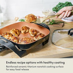 bella Electric Skillet and Frying Pan with Glass Lid, Nonstick Coating, Cool Touch Handles, Removable Heating Probe, Dishwasher Safe, 12 x 12 inch, Copper