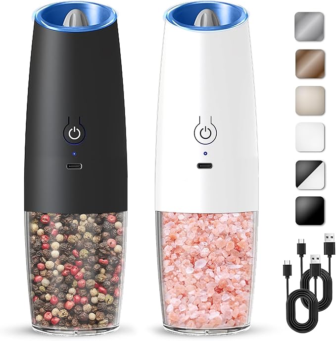 Rechargeable Electric Salt And Pepper Grinder Set, Automatic Gravity Electric Salt And Pepper Grinder Set, Adjustable Roughness, Led Light, 2 Pack, (Black+White)