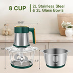 Food Processor, 5-Speed Electric Food Chopper, Meat Grinder with 2 Bowls (8 Cup+8 Cup) & 2 Sets of Blades, Meat Processor for Meat, Vegetables, Fruits and Nuts (Green)