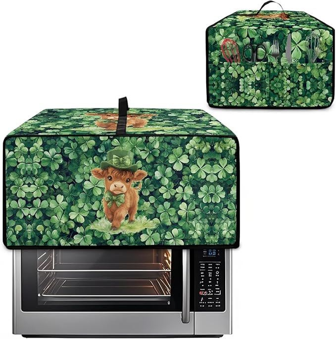 Highland Cow Four Leaf Clover Print Toaster Oven Cover Microwave Cover for Kitchen Countertop Appliance Dust Protector Decorative Oven Accessories for St. Patrick's Day Decor, Green, S