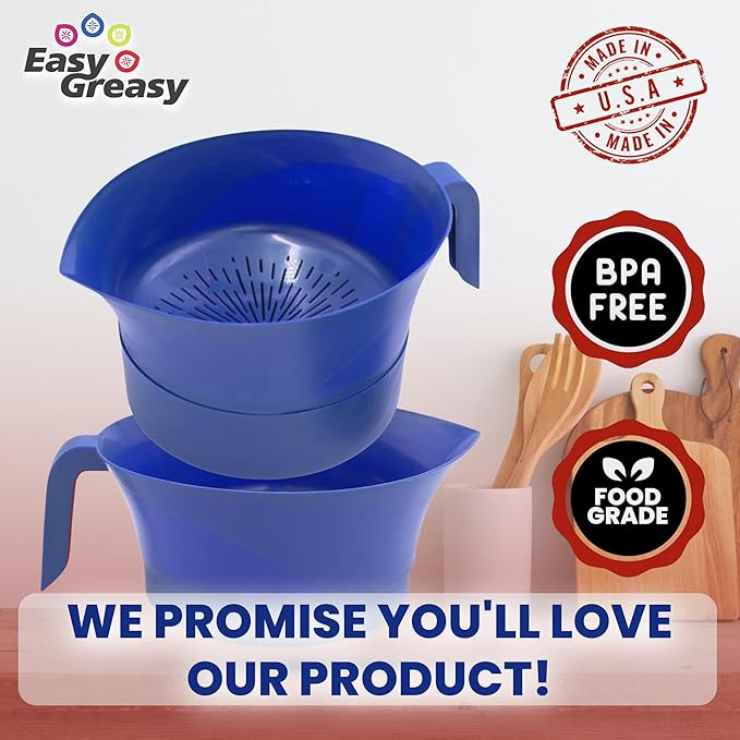3-Piece Colander Grease Strainer Set – Blue Grease Separator with Handle, Container & Lid – Strains Bacon, Pasta, Ground Beef – BPA-Free Kitchen Gadget