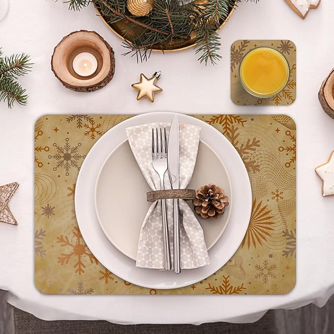 Le courant 16.9in 6PACK Winter Decoration Snowflake Placemats with 6 Coasters, Reversible Faux Leather Easy Clean Waterproof Stain Resistant Place Mats, for Home Party Dining Holiday Table Decor