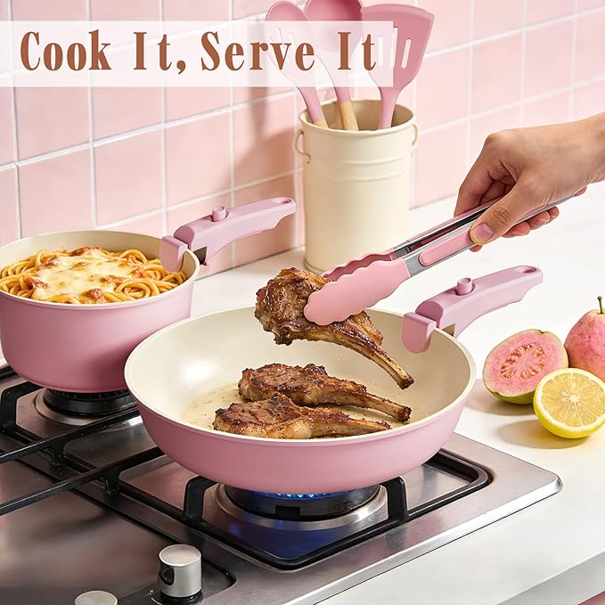 Umite Chef Pots and Pans Set Non Stick, 21 pcs Nonstick Ceramic Cookware Set, RV Kitchen Cooking Set with Detachable Handles, Oven Safe, Induction Cookware, Stackable, Pink, PFAS PFOA & PTFE Free