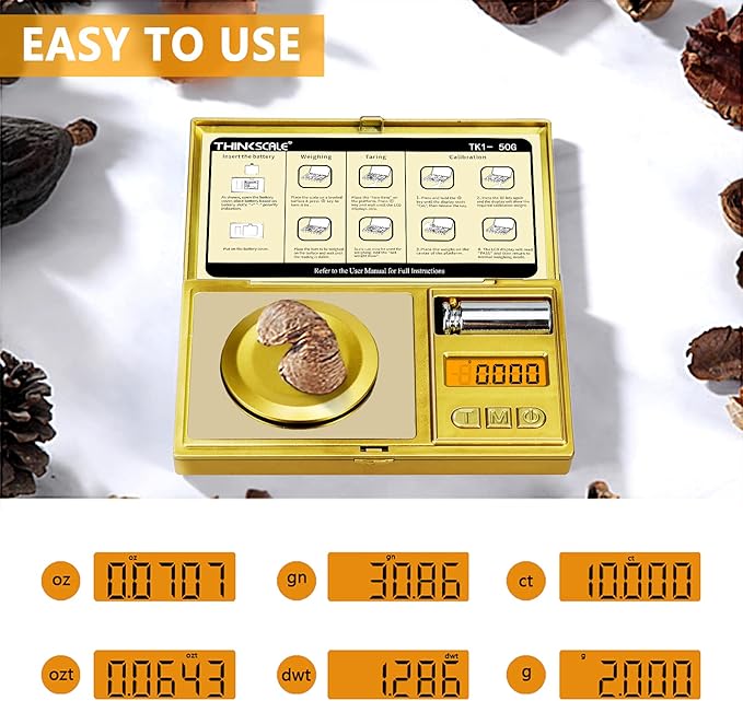 THINKSCALE Digital Milligram Scale, 50g/0.001g Gold Jewelry and Gem Scale, Mg Scale for Powder, Reloading, Micro Gram Scale with Calibration Weight, Includes Scoop, Powder Pan and Tweezers