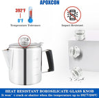 Multi Use Percolator Coffee Pot Stainless Steel Stove Top Coffee Maker with Two Tough Borosilicate Glass Knob Silica Handle Camping Coffee Pot Using on Campfire Stove & Induction Cooker Silver 6 Cup