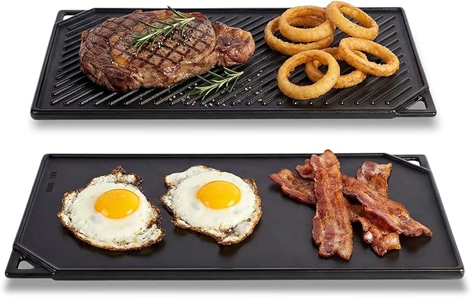 Reversible Cast Iron Griddle, 16.75" x 9.5" Stove Top Griddle Reversible Griddle Plate, Rectangular Flat and Ribbed Stovetop Griddle, Double Burner Flat Top Griddle Pan for Gas Grill