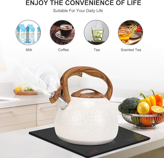 Tea Kettle, Vegoran 100 OZ / 3 Liter Whistling Tea Kettle, Tea Pots for Stove Top Food Grade Stainless Steel with Wood Pattern Folding Handle, Loud Whistle Kettle for Tea, Coffee, Milk (B-White)