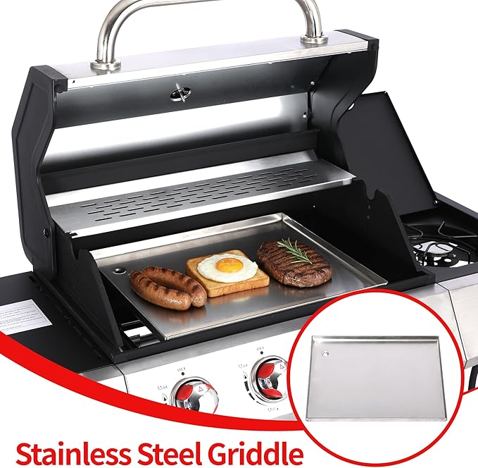 Griddle Grill Combo, Propane Gas and Charcoal Grill Combo, Outdoor BBQ Grills, 4 Burner Propane Stove with Griddle, Cast Iron Grates, Side Burner & Prep Space