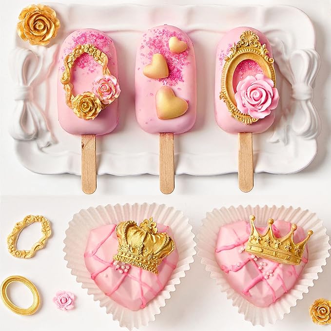 JOERSH 4PCS Vintage Baroque Mold Set, Silicone Frame Fondant Molds Royal Crown Rose Heart Mold for Cupcake Decorating, Cake Pop, Chocolate, Candy Craft, Dessert Decor