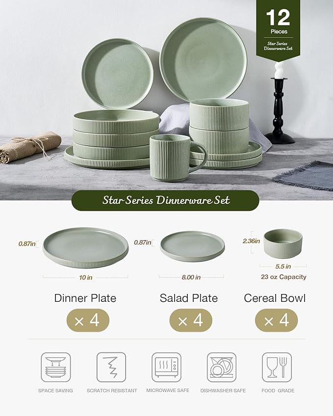 Famiware Star 12-Piece Stoneware Dinnerware Sets, Service for 4 - Handcrafted Reactive Glaze Plates and Bowls, Modern Rustic Dishes, Chip/Scratch Resistant, Microwave/Dishwasher Safe, Matte Sage Green
