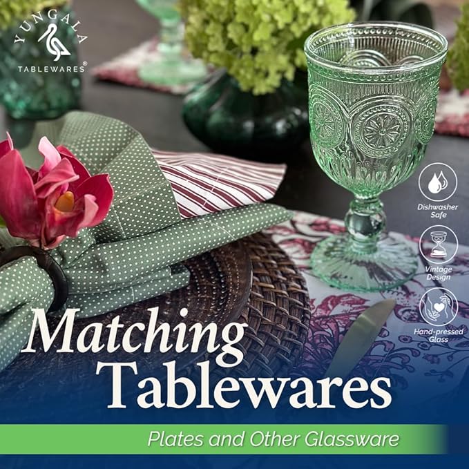 Yungala Green Wine Glasses Set of 6 Vintage Hobnail Goblets 10 oz Dishwasher Safe