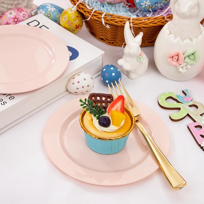 bUCLA 100Pieces Pink Plastic Dessert Plates - 6.25 inch Pink Disposable Dessert/Appetizer/Small Cake Plates for Wedding, Party & Mother's Day