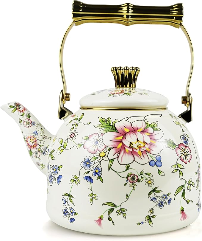 Vintage Enamel Tea Kettle, Rose Floral Pattern Stovetop Teapot with Gold Handle, 2.5L Enamel Kettle Kitchen Decor, Ideal Gift for Housewarming Camping Coffee Pot