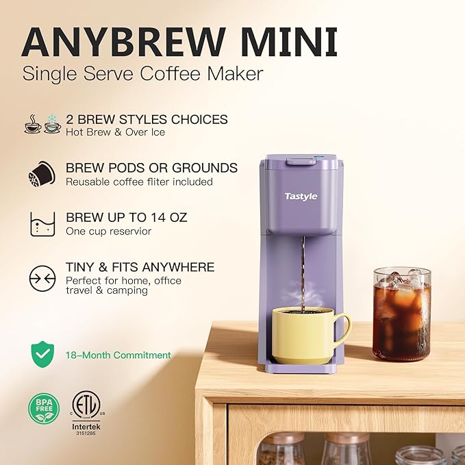 Tastyle Mini Hot and Iced Coffee Maker Single Serve, for K Cup and Ground, 6 to 14 Oz Brew Sizes, with Recipe Book, for Home, Travel, RV, Office and Dorm, Violet