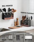 Utensil Holder for Kitchen Counter, Cooking Utensil Holder with Stone Drying Mat for Storage Spatula, Ladle, Scoop in Farmhouse Countertop with Wooden Pattern Printed, Matte Black