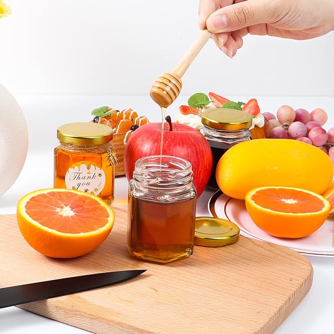 BIGIVACA 3 oz Mini Honey Jars - 30 Pack Hexagon Glass Jars with Wood Dippers, Gold Lids, Bee Pendants, Jutes, Stickers for Wedding Favors, Party Favors, Candle Making