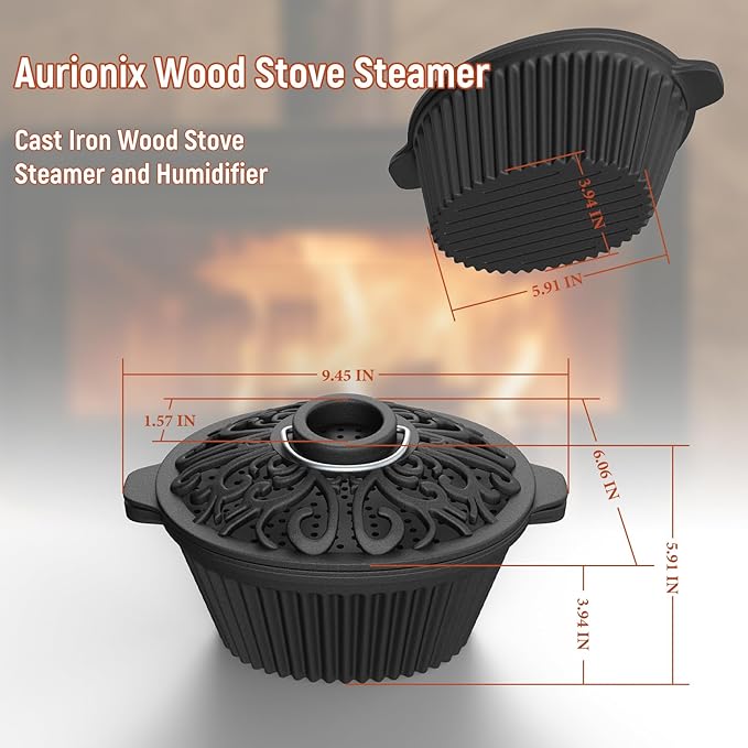 Wood Stove Humidifier + Garlic Roaster Steamer Set, Cast Iron Cookware for Fireplace, Camping, Kitchen - Pre-Seasoned, Heat-Resistant, Eco-Friendly
