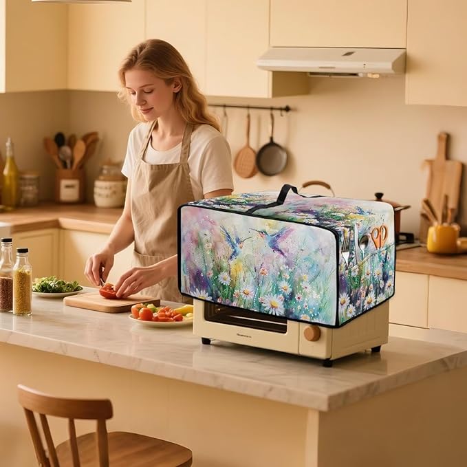 Watercolor Hummingbirds Daisy Print Toaster Oven Dust Cover, Heavy Duty Heat-resistant Microwave Oven Cover, Anti Fingerprint Air Fryer Covers (Large-18.5 * 22.5 * 12.99 inches)