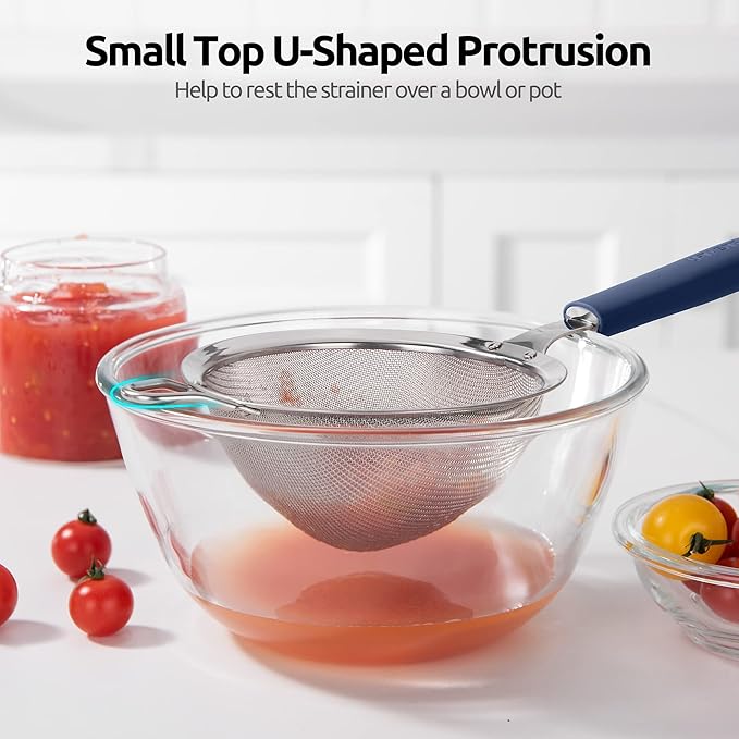 18/8 Stainless Steel Mesh Strainer: U-Taste 5.5 Inch Kitchen Fine Mesh Sieve Food Colander with Riveted Sturdy Silicone Handle and 30 Mesh Hole for Straining Flour, Pasta, Fruit, Quinoa(Midnight Blue)
