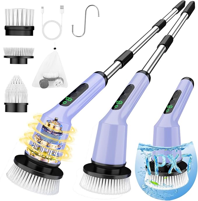 Electric Spin Scrubber for Cleaning Bathroom, Shower Scrubber Cordless Cleaning Brush with IPX7 Waterproof & 2 Speed, 3 Brush Heads, Bathroom Cleaning Supplies for Shower Tub Tile Toilet Purple