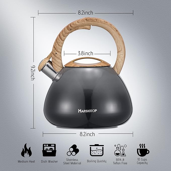 MARSKITOP Tea Kettle Stovetop Whistling Tea Pot for Stove, Food Grade Stainless Steel Teapot for Stovetop with Anti-Hot Handle, Suitable for All Heat Sources, 2.6 Quart, Gray