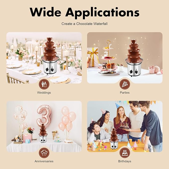 "Classic" Home Chocolate Fountain, 4 Tier Heated Chocolate Gountain Party Dark Dipping Chocolate Electric Fondue Machine for Party, Wedding, Events (4 Tier Sliver Chocolate Fountain)