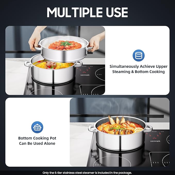 5-Tier Stainless Steel Steamer, 11 Inch Commercial Multi Tier Stainless Steel Cookware Pot Vegetable Meat Steamer Cooker Set w/Glass Lid for Steaming Shrimp & Miscellaneous Grains
