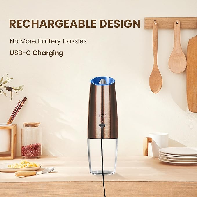 Rechargeable Electric Salt And Pepper Grinder Set, Automatic Gravity Electric Salt And Pepper Grinder Set, Adjustable Roughness, Led Light, 2 Pack, (Copper)