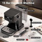 Kndko Espresso Machine, 15 Bar Digital Espresso Maker, Milk Frother Steam Wand for Latte & Cappuccino, Compact Coffee Machine, 1.5L Removable Water Tank, 2 cups dual-stainless steel filter