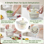 Large 5.2 Qt Glass Salad Spinner Vegetable Dryer with Drain Microwave Safe Dishwasher Safe with Transparent Lid Crank Handle Quick Spin Greens Washer for Lettuce Herbs Fruits (off-white)