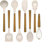 Silicone Cooking Utensil Set,Umite Chef 8-Piece Kitchen Utensils Set with Natural Acacia Wooden Handles, Silicone Kitchen Gadgets and Spatula Set for Nonstick Cookware - Khaki