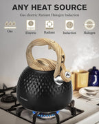 Hauce Radio Tea Kettle Stovetop,2.5QT Stainless Steel Whistling Teapot for Stove Top Aesthetic,Portable Water Kettles Camping with Anti-hot Silicone Handle,Suitable for All Heat Sources,Black