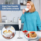 SIMPLETASTE Milk Frother Handheld Electric Foam Maker, Drink Mixer with Stainless Steel Whisk for Cappuccino, Bulletproof Coffee, Latte, White, with Stand, Battery Operated