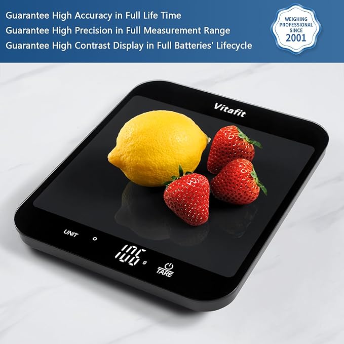 Vitafit 33lb Food Scale, High Accuracy in 0.1oz by Our Professional Factory Since 2001, Digital Kitchen Scale Weight Grams and Ounces for Cooking & Baking, 8.5x7.1in Big Platform, 3*AAA Battery, Black
