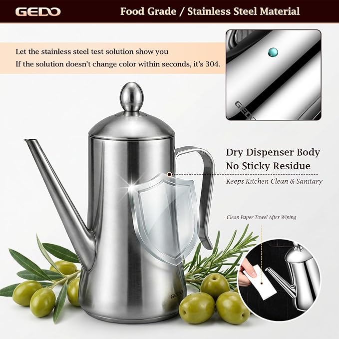 GEDO 304 Stainless Steel Oil Dispenser, Eagle Beak Drip-Free Spout Oil Pot with Extra Wide Mouth & Air Vent Lid, Large Capacity for Kitchen Cooking & Outdoor Grilling (1.05QT / 1000ml)